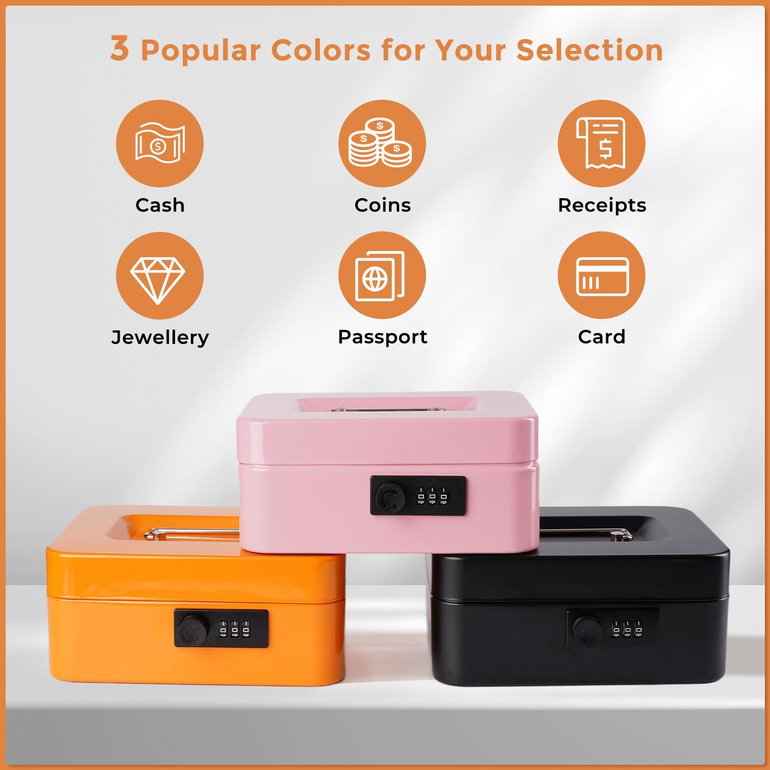 Cash Box with Money Tray and Combination Lock Metal Money Box Change Lock Box for Money 7.87 x 6.3 x 3.54 Orange